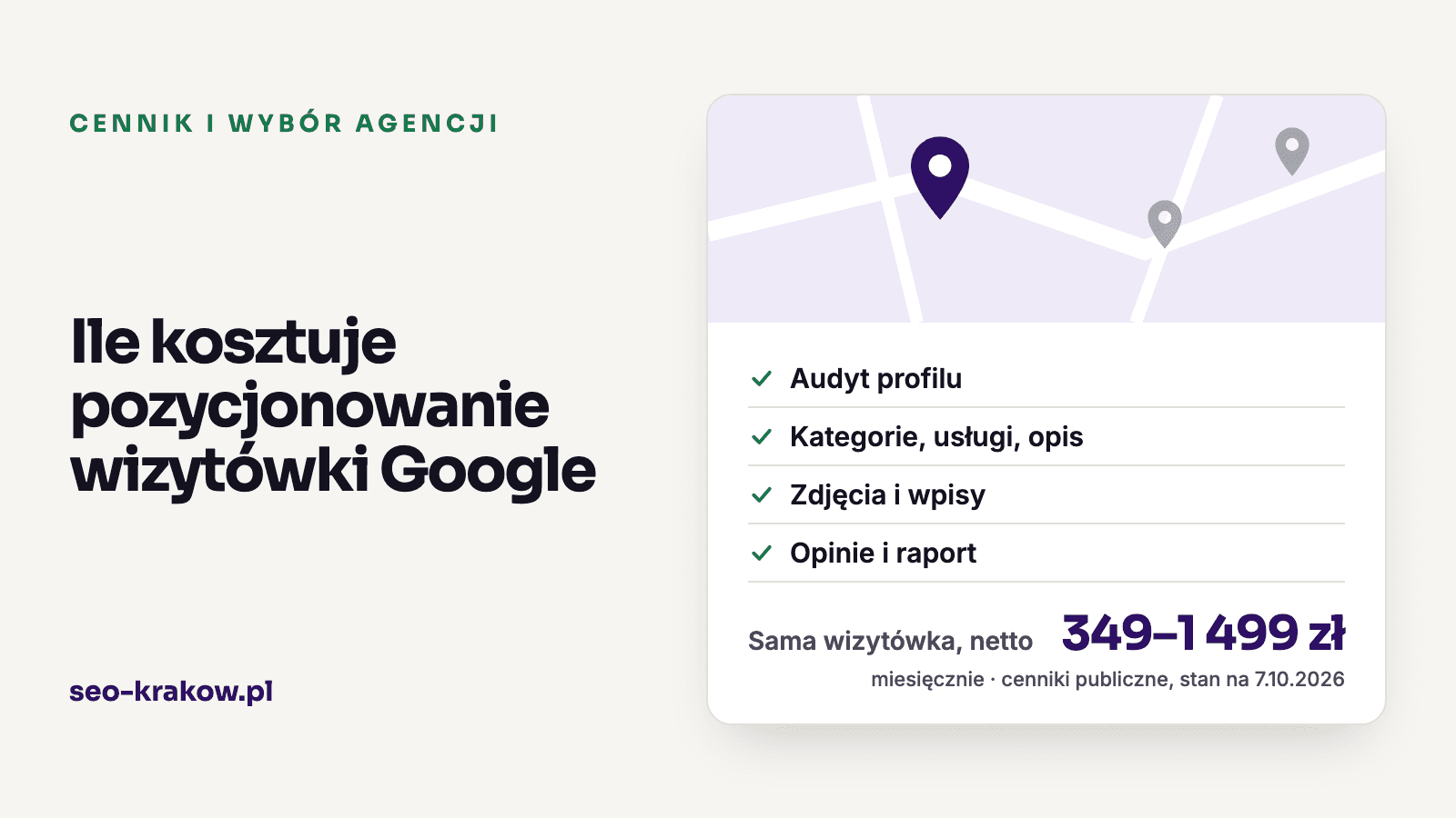 Mapa z pinezką firmy i zakres obsługi wizytówki Google z ceną 349–1 499 zł netto miesięcznie