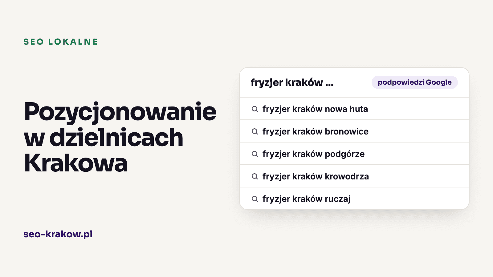 Pozycjonowanie w dzielnicach Krakowa. Jak dobrać frazy z nazwą dzielnicy: 1. Wypisz swoje okolice, 2. Sprawdź podpowiedzi, 3. Sprawdź Search Console, 4. Ustaw wizytówkę, 5. Uzupełnij stronę, 6. Mierz z kilku punktów